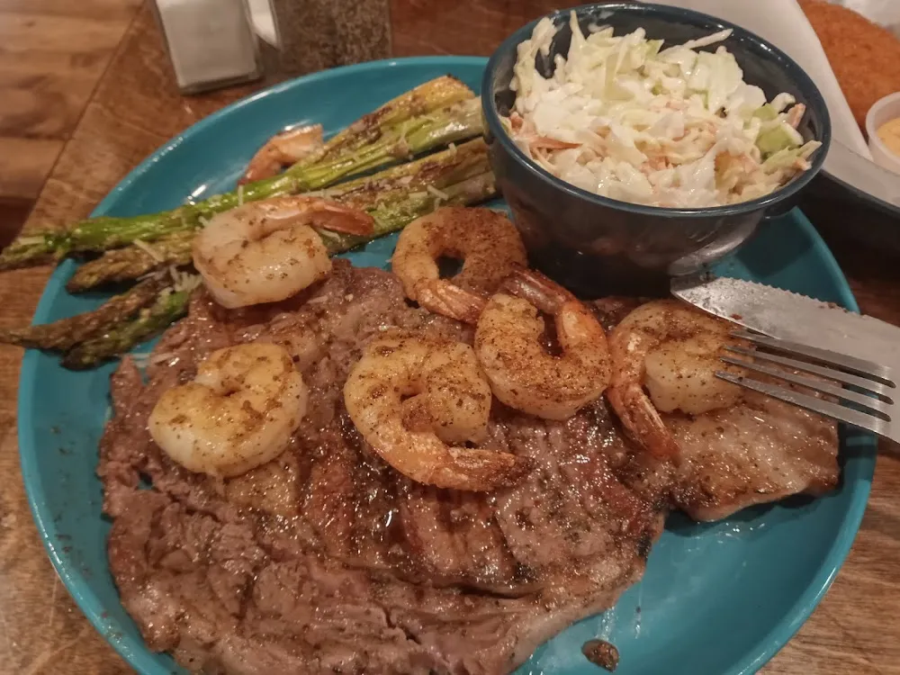 Steak and Shrimp with Asparagus and Coleslaw Salad